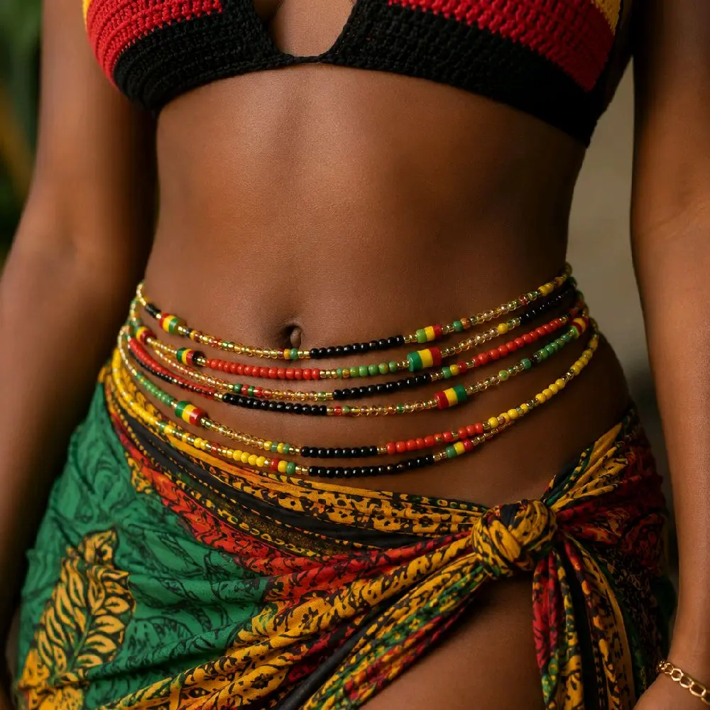June Teenth Inspired Tie-On Waistbeads - Freedom Green, Red, Black, Yellow Colors, 50 inches  Body Chain,  for Daily Wear (1 Piece)