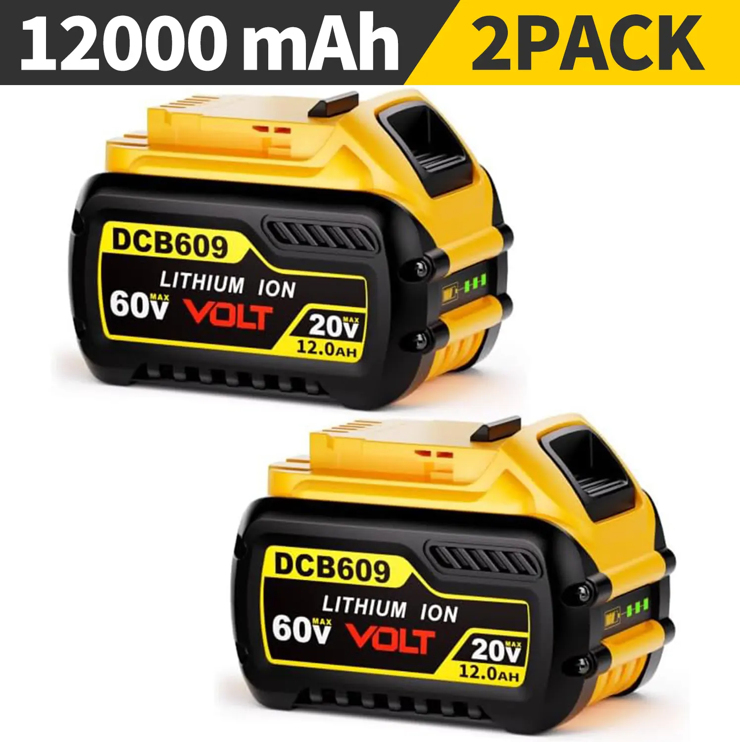 2 Pack 12.0Ah High Capacity 20V/60V MAX Battery Lithium-ion Replacement Compatible with Dewalt 20V/60V Flexvolt Battery DCB606, DCB609, DCB612 Cordless Power Tools