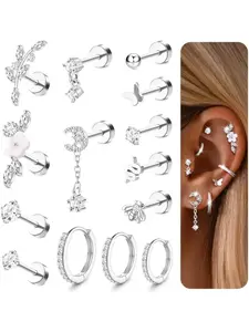 16 Gauge Cartilage Earrings for Women - 14K gold plated Flat Back Earrings Hypoallergenic Surgical Stainless Steel Stud Hoop Cartilage Earrings Set Daith Conch Tragus Helix Piercing Jewelry Earring Stacking Set Studs Earrings