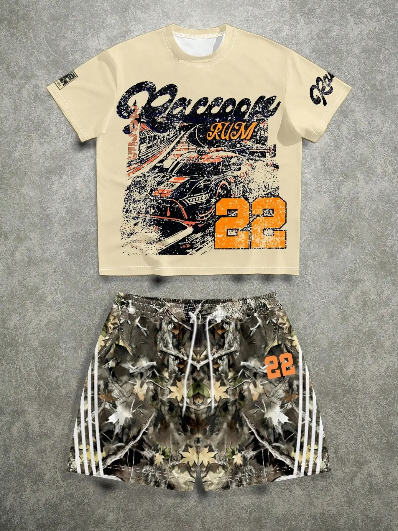 Vintage No.22 Racing Camouflage Set - Washed Graphic Printed Breathable Top + Realtree-style Camouflage Shorts, Streetwear Casual Two-piece Tracksuit, Ideal for Summer Outdoor Leisure, Street Outfits, Music Festivals and Beach Vacations
