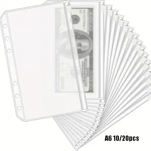 10/20-Pack A6 Ring Binder Pockets, 6-Hole Cash Envelopes for Budgeting, Clear Zipper Folders for 6-Ring Budget Binders, Waterproof PVC Money Envelope Pockets, Document Pencil Case Organizers