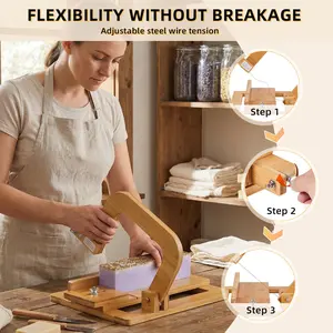 Adjustable thickness (0 to 2 inches) bamboo soap cutter with stainless steel wire. This multifunctional slicer is perfect for cutting handmade soap, bread, candles, cheese, butter. It is the best choice for gift giving