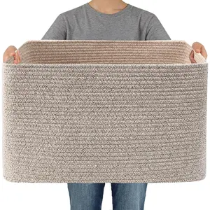 Woven Blanket Basket, 65L Large Storage Bin for Blankets Toys Clothes, Decorative Rope Basket for Living Room Bedroom with Handles, Oatmeal