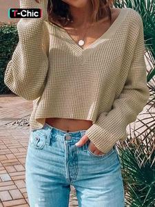 women's textured drop shoulder crop sweater, casual long sleeve deep v neck jumper for fall & winter, women's knitwear top for daily wear