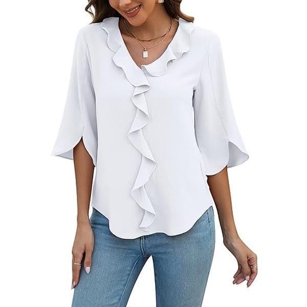 Blooming Jelly Womens Dressy Casual Blouses 3/4 Sleeve V Neck Ruffle ...