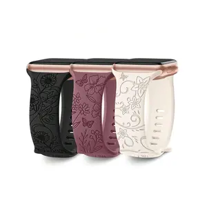 Women's Multi-Size Silicone Band Accessories - 3 Packs Floral Engraved Wearable Strap for Apple Watch 38mm/40mm/41mm/42mm/44mm/45mm/49mm, S10 42mm/46mm, Series 9 Ultra SE 8 6 5 4 3 2 1, Cute Flower Print Sport Design