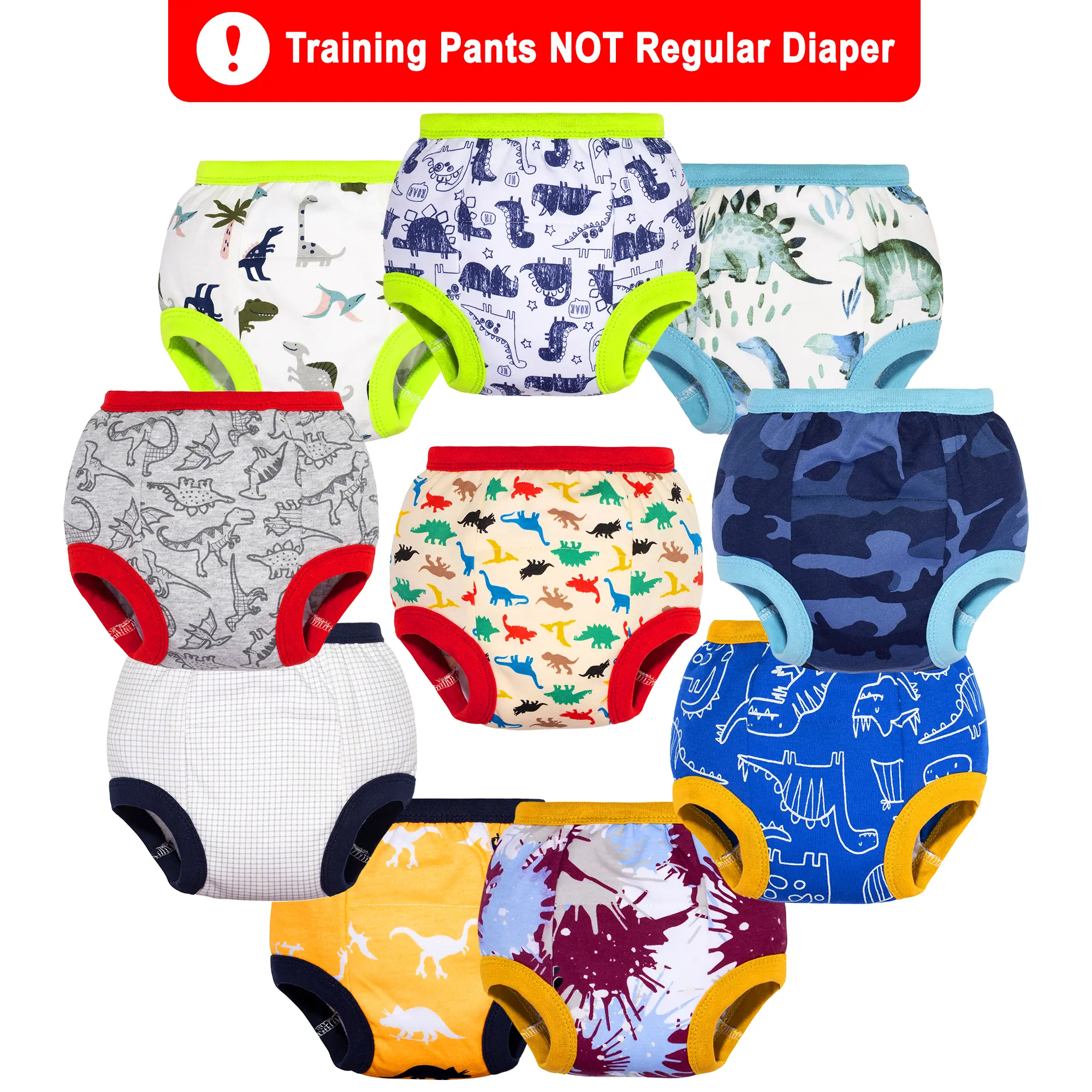 Toddler Training Underwear, 10-Pack Washable Reusable Cotton Pants for Boys and Girls - Soft Cute Dinosaur Print Kids' Underwear, Washable Underwear