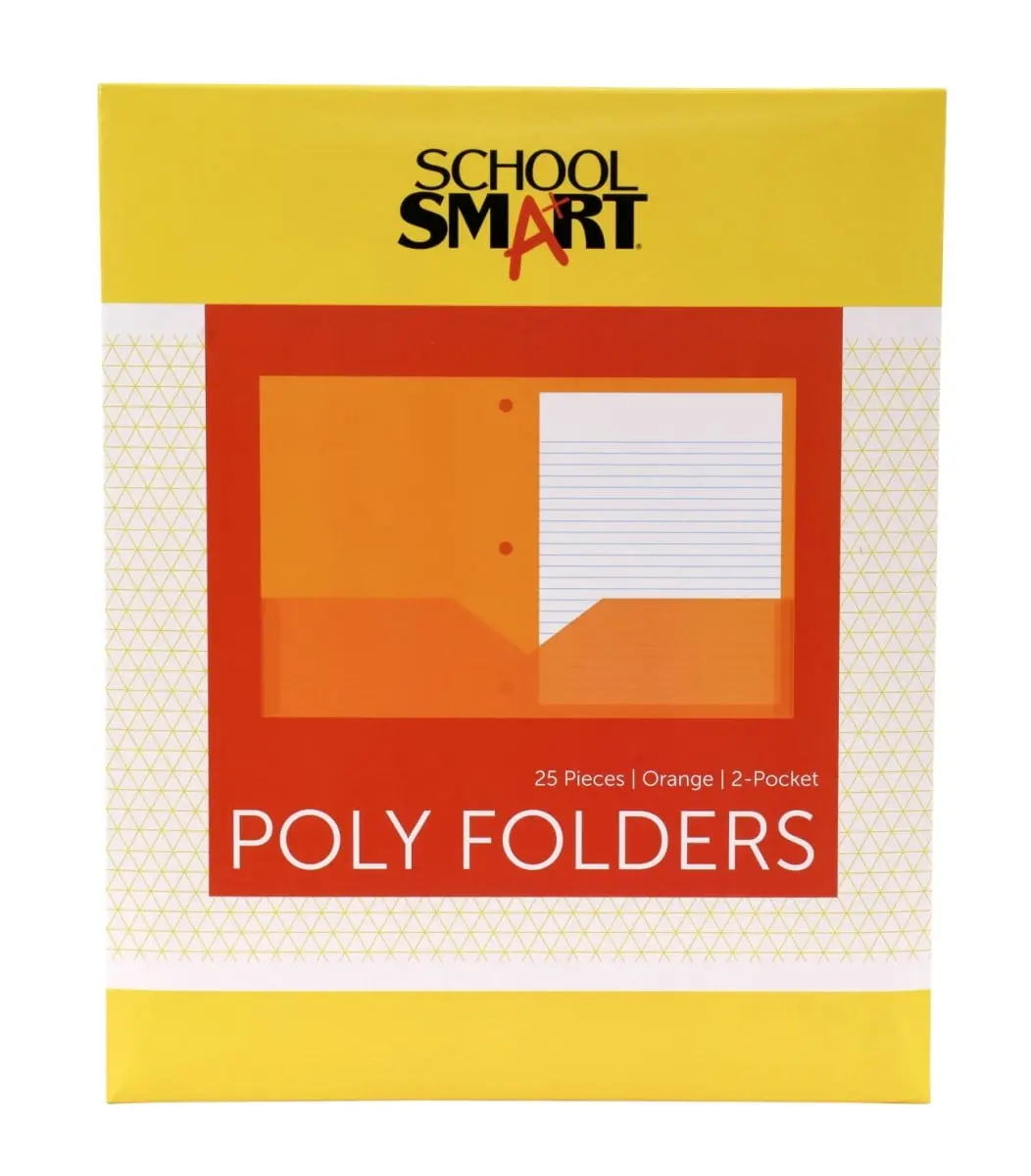 School Smart 2019629 Heavyweight Two-Pocket Poly Folder with Three-Hole Punch, Orange - Pack of 25