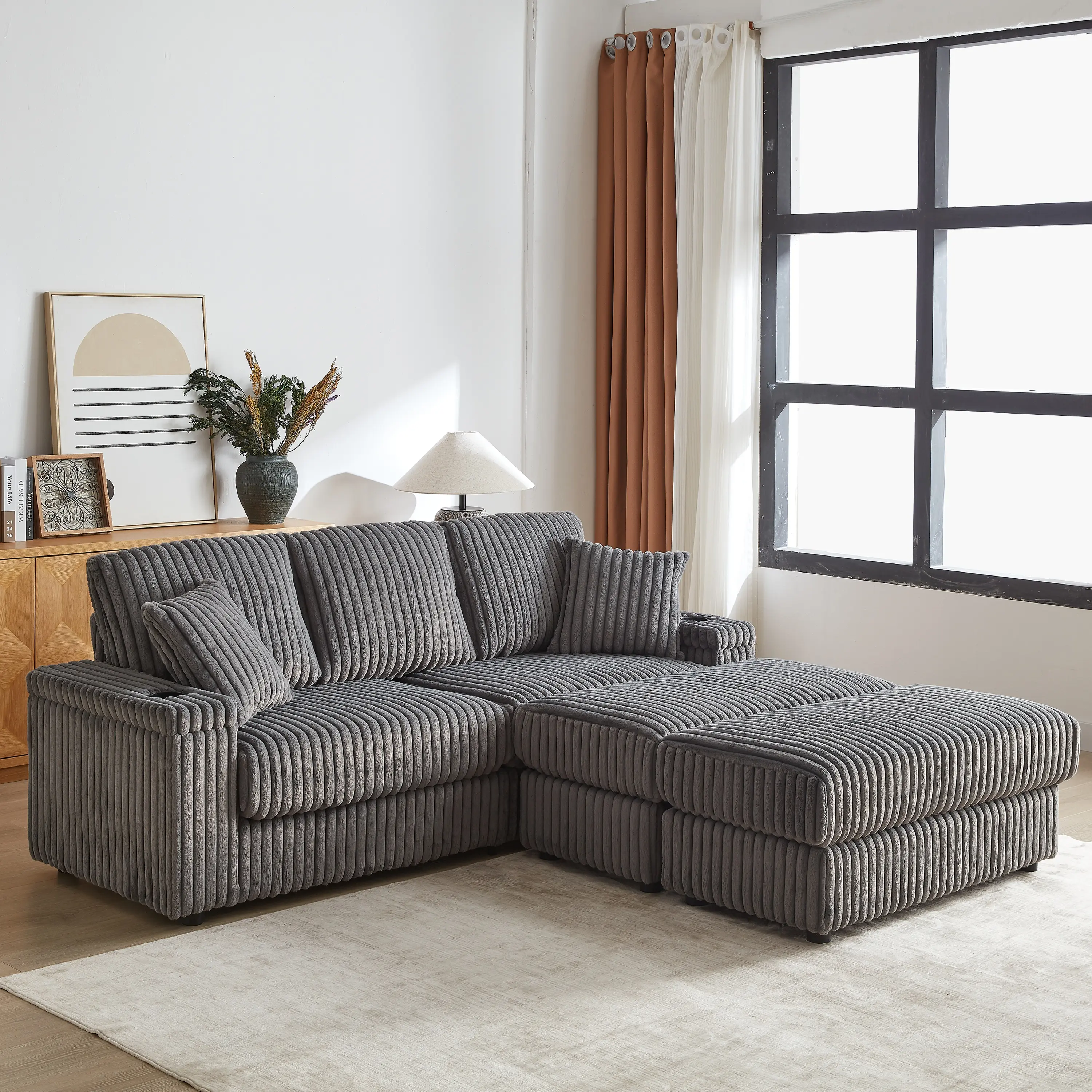【Sub 2 packages】Niccae 84Inch Corduroy 3-seater sofa With 3 back pillows ,2 toss pillows , 2 ottoman ,2 Footstool Storage and cup-holding grooves Comfy Sofa- Deep Seat Couch for Living Room