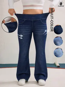 Women's Plus Size High Elastic Blue Denim Flare Pants, Butt Lifting Leg Shaping, Wide and Stylish, Simple and Versatile Washed Long Pants