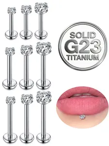 9Pcs G23 Titanium Internal Thread Lip Studs 16g Labret Medusa Monroe Piercing Jewelry 6/8/10mm Cartilage Earrings Flat Back Helix Tragus Conch Earrings for Women Men 2/3/4mm CZ