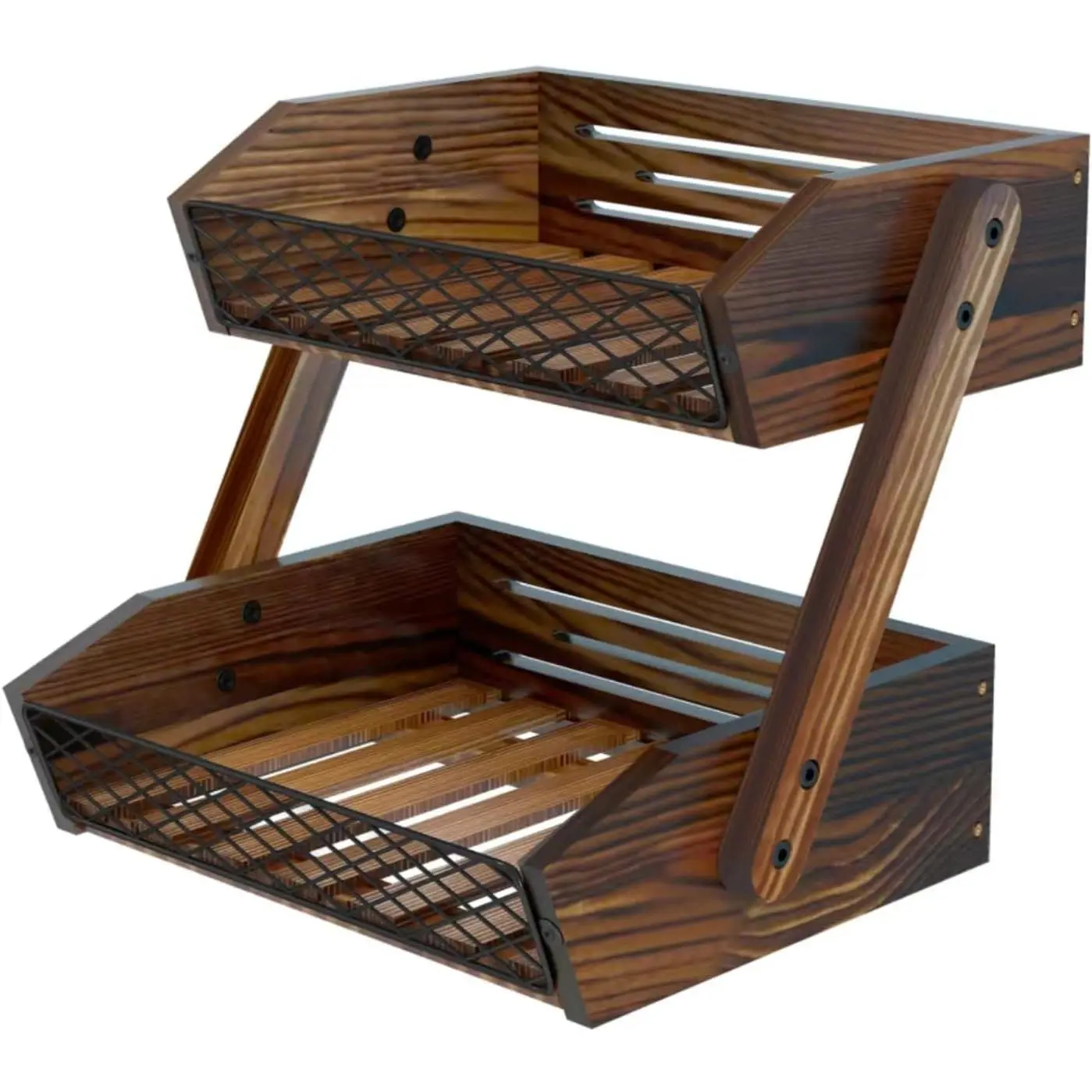 Fruit Basket for Kitchen, 2 Tier Fruit Bowl,Kitchen Counter Organizer,Wooden Vegetable Holder for Countertop,Bread Storage Basket Stand