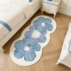 Blue Cute Flower Bedside Carpet, Modern Cream Style Luxurious French Rug, Soft Comfortable Plush Foot Mat for Living Room Bedroom Closet, Floral Area Rug