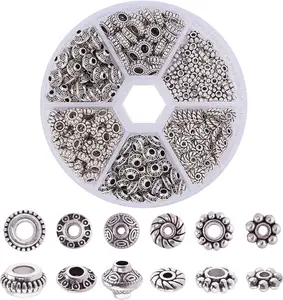 PH PandaHall 300pcs 6 Style Antique Silver Spacer Beads, Tibetan Metal Alloy Tube Spacers Flower Flat Rondelle Small Loose Beads for Bracelet Necklace Earring Jewelry Making Supplies