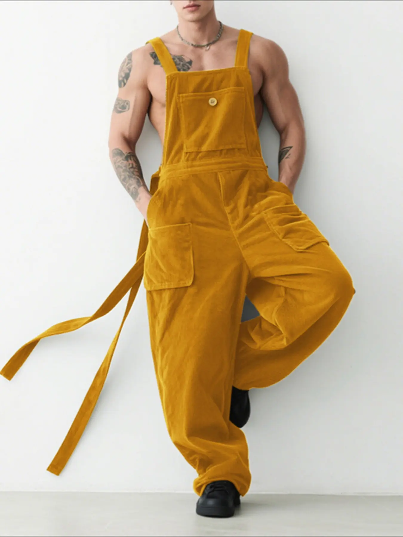 INCERUN Men's Stylish Casual Menswear Plain Solid Polyester Fabric Suspenders Overalls Pants, Casual Coveralls, Multi Pocket Overalls, Corduroy Design with Floating Straps, Ideal for Everyday Wear