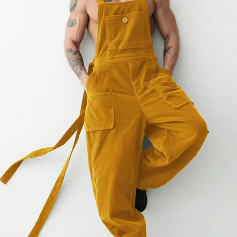 INCERUN Men's Stylish Casual Menswear Plain Solid Polyester Fabric Suspenders Overalls Pants, Casual Coveralls, Multi Pocket Overalls, Overalls with Pockets, Corduroy Design with Floating Straps, Ideal for Everyday Wear