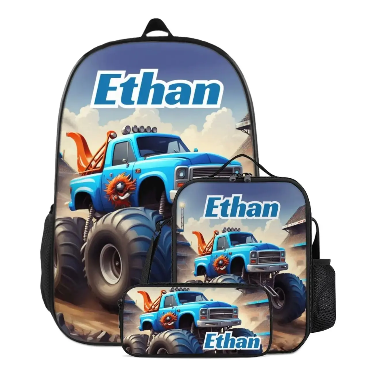 Personalized Blue Monster Truck Backpack Set, Custom Name Boys School Bag with Lunch Bag & Pencil Case