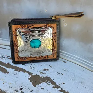 Real Leather Tooled Turquoise Wallet with Intricate Design and Zip Closure