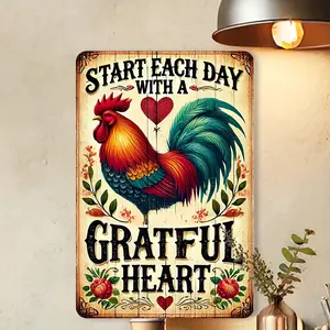 1pc Rooster Grateful Heart Aluminum Sign - Vintage Inspirational Style 8*12 Inch Wall Decor for Home