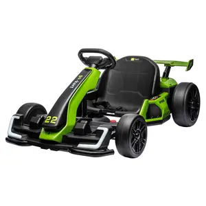 【Christmas Gift】Green 24V Electric Drift Go Kart For Kids Ages 6 To 12 With 2 Powerful Motors Adjustable Seat Led Lights Music And Safety Belt Green