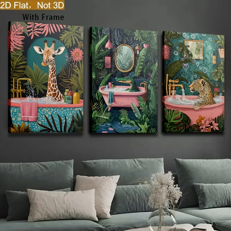 3-Piece Bohemian Animal Framed Art Set - Triple Panels with Giraffe, Leopard, Crocodile in Bathtub, 2D Flat Graphic, Vibrant Tropical Jungle Pink Details, Waterproof Glossy Minimalist Wood Wall Decor, Easy Install for Bathroom, Kitchen