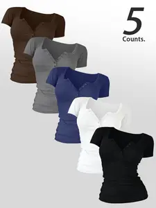 Women's Casual Minimalist Plain Basic Short Sleeve Round Neck Top with Buttons, Comfortable Fabric for Everyday Wear, Set of 5 Pieces