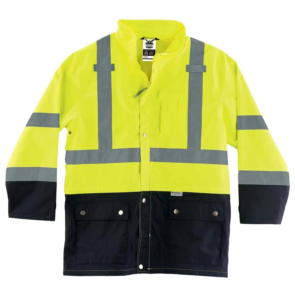 GloWear 25325 Type R Class 3 Extra Large Zip Up Work Safety Rain Jacket - Black Front, Lime, 1-Piece 300D Oxford Polyester Clothes, Waterproof, Reflective Tape, High Visibility, Heavy Duty, Drawstring, Industrial Raincoats