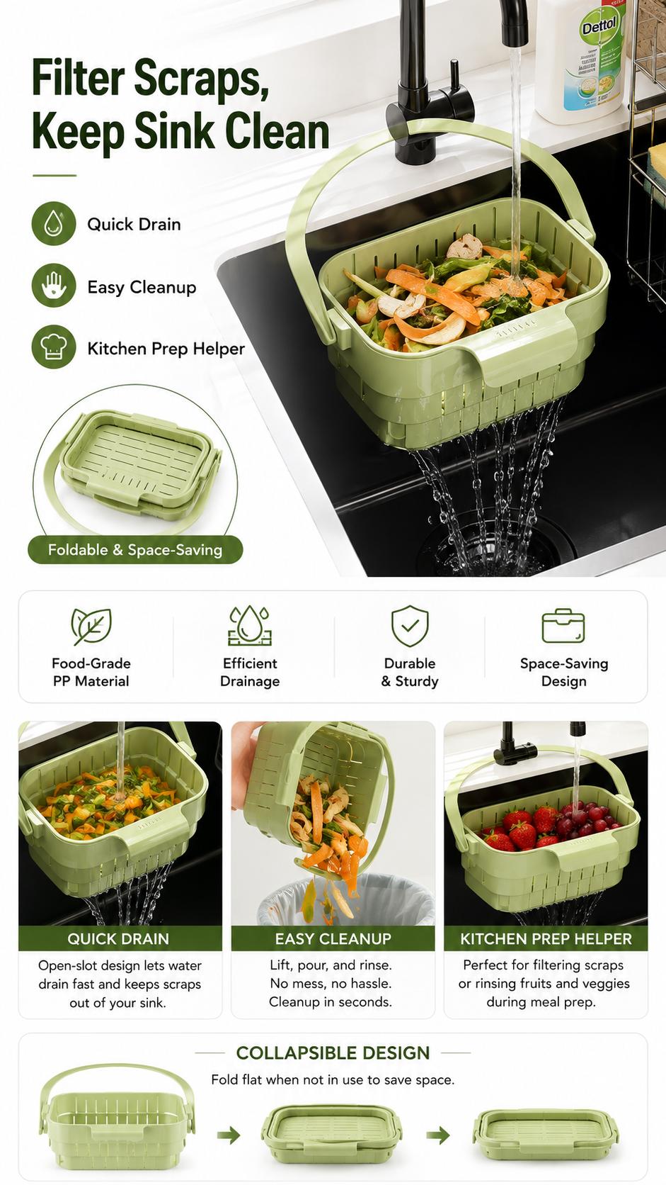 Collapsible Hanging Drain Basket - Expandable Foldable Space Saving Kitchen Sink Organizer for Dishes and Produce