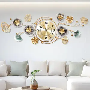 Large Wall Clock,Clock for Living Room,with Silent Movement and Rotatable Dial,3D Creative Metal Ginkgo Leaf Design Clock for Bedroom,for Living Room Bedroom Dining Room Office（34''x11'' ） Decor Primary Color-Arab
