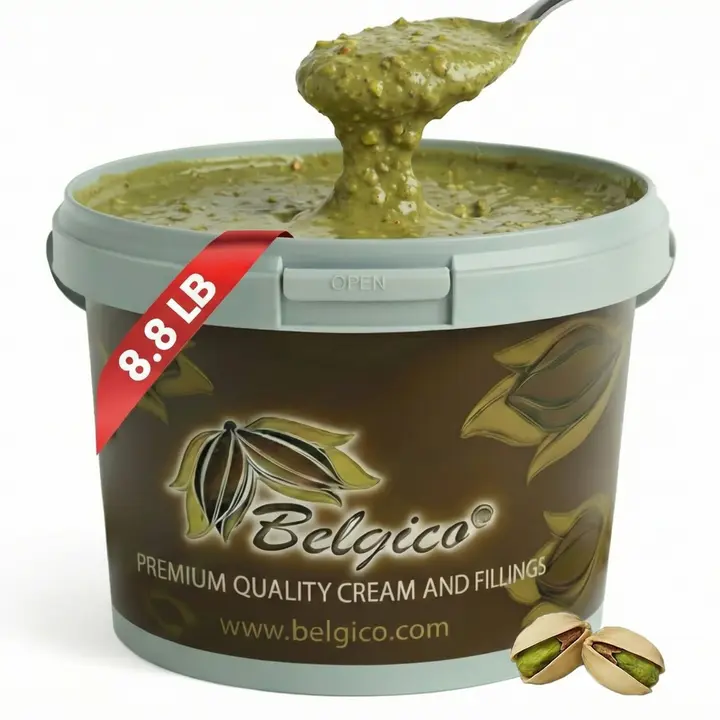 Belgico Bulk Crunchy Pistachio Cream – Dubai Chocolate Filling for Bakeries | 8.8lb (4kg) Belgian Pistachio Crunch Sauce
