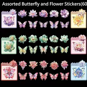 60PCS Butterfly and Flower Themed Shiny Stickers Perfect for Decorating Notebooks,Diaries,and Bullet Journals;Adds a Touch of Sparkle to Your Creations decal diy decorative