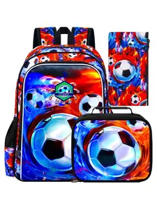 17" Soccer Backpack for Boy, 3Pcs Football School Backpacks with Lunch Box, Kids Bookbag for Elementary Preschool Kindergarten(Ice and Fire)