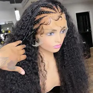【RXC】Glueless Lace Front Cornrow Knotless Braided Wigs With Curly Ends Synthetic Wig With Natural Baby Hair For Black Women Party Daily Use Hair Wig 1B#