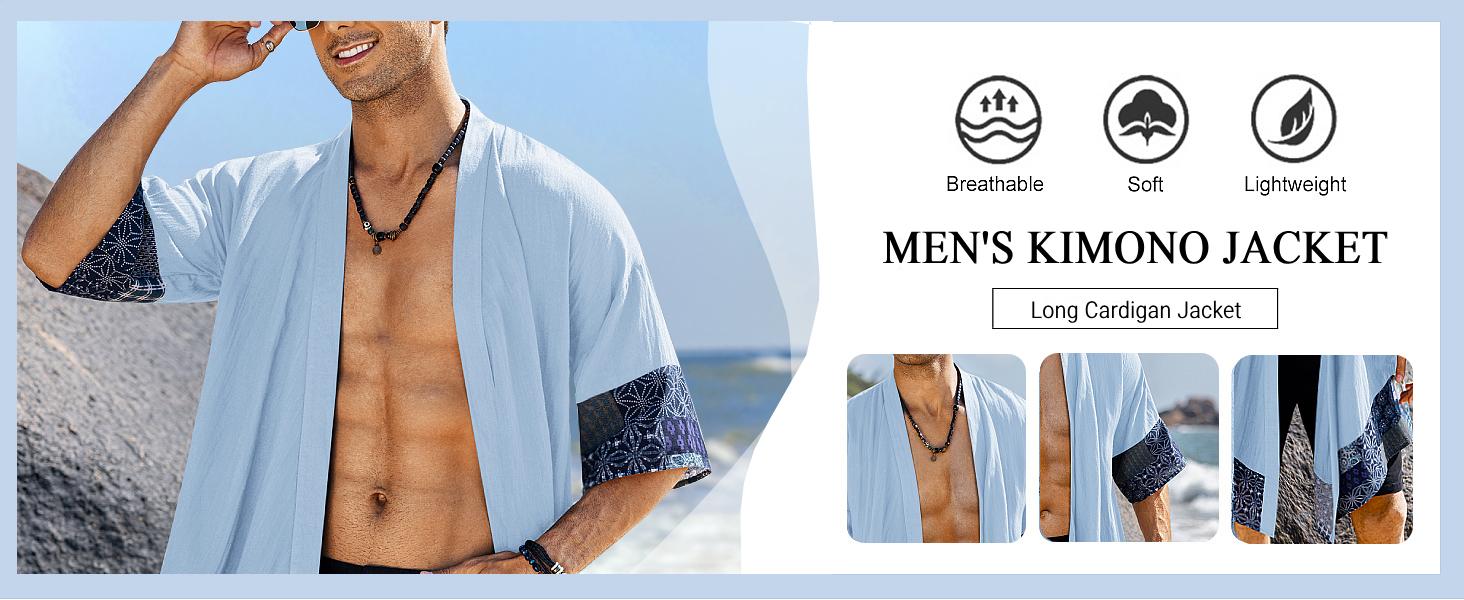 COOFANDY Men's Jackets Ruffle Shawl Collar Lightweight Cardigan Long Kimono Jackets Open Front Drape Cape Coat Casual Gift Ideas Cotton Menswear