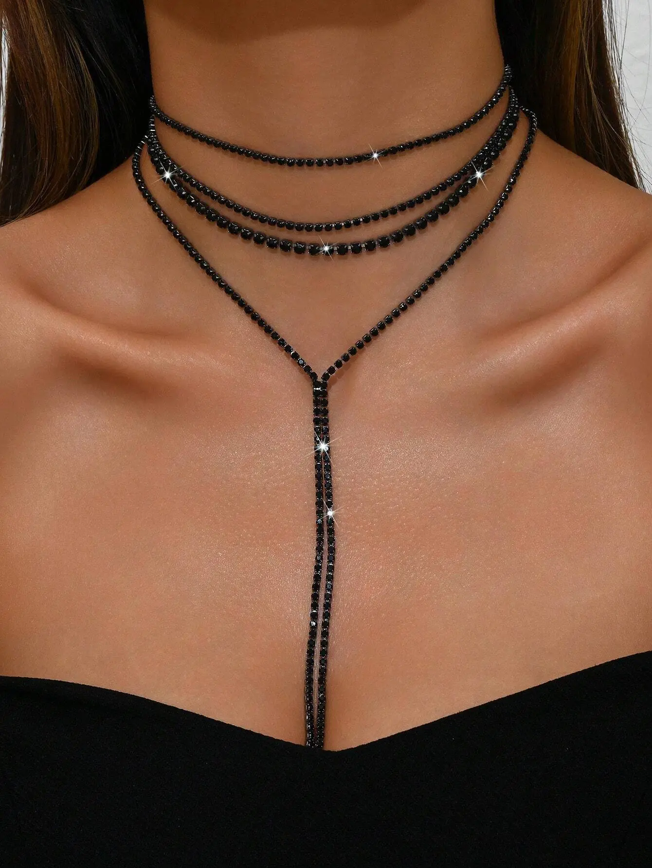 Women's Multi-Layer Rhinestone Lariat Choker Necklace - Long Drop Y-Shape Costume Jewelry Accessory