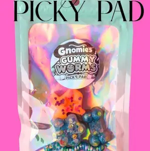 Gnomies Gummy Worms Picky Pad Stress-Relief Sampler with Colorful Gummy Worms and Fun Design