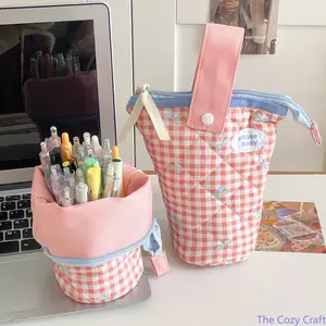 Plaid Bow Cylindrical Pencil Case, Dopamine Color Block Vertical Flip Pen Holder, High Appearance Portable Stationery Bag Cute Storage Pouch for School Students Study & Daily Office Supplies Organizer outdoorfun