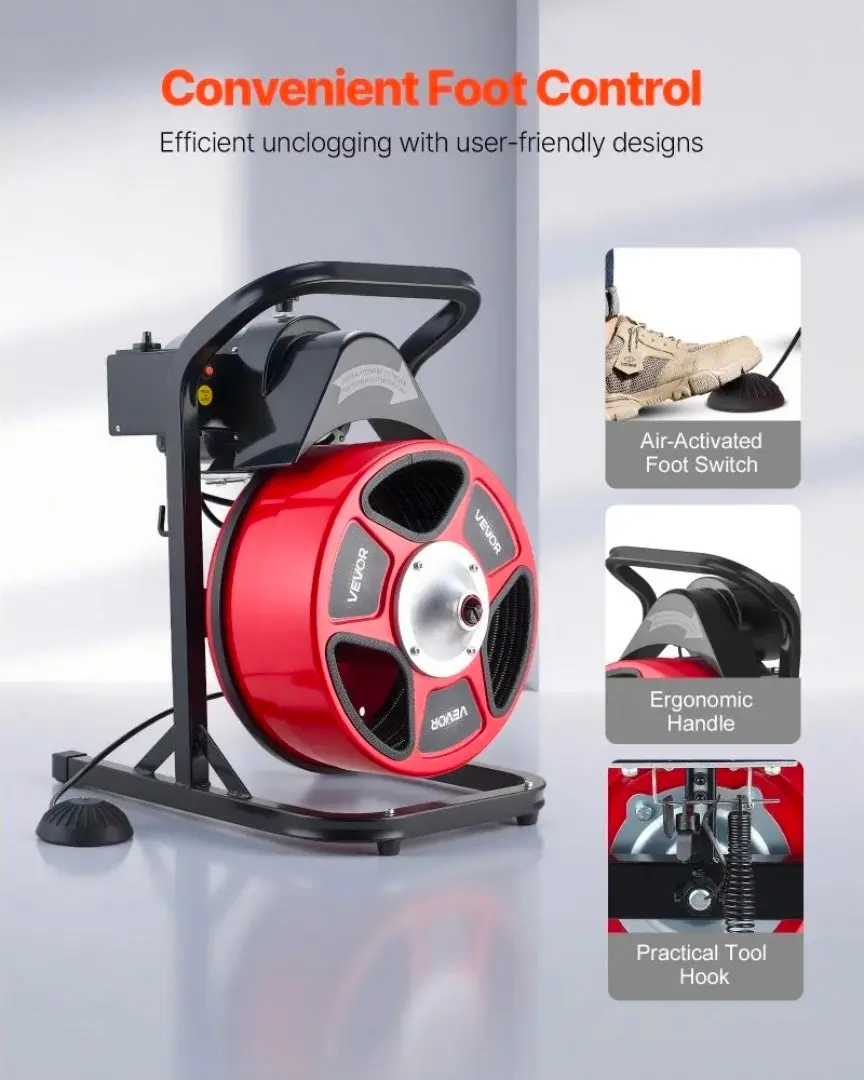 Drain Cleaner Machine 50 FT x 1/2 Inch, Manual Feed Sewer Snake Auger with 4 Cutters & Air-Activated Foot Switch for 2" to 6" Pipes, Pipe Unclogging, Auger + Cutter