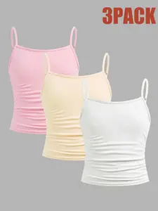 Girls' Knitted Soft Breathable Lightweight Thin Strap Tank Top 3-Pack, Basic Casual Elegant Fitting, Versatile Daily Wear, Suitable for All Seasons