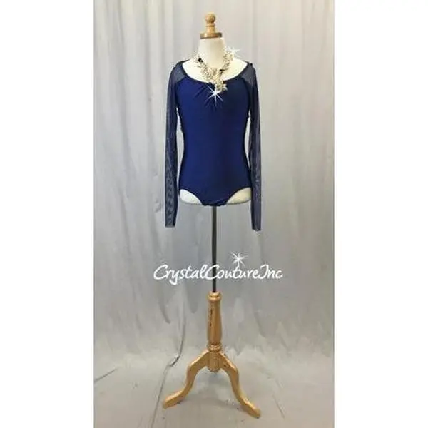 Navy Blue Lycra Leotard with Sheer Mesh Sleeves and Back Draping - Appliques - Rhinestones