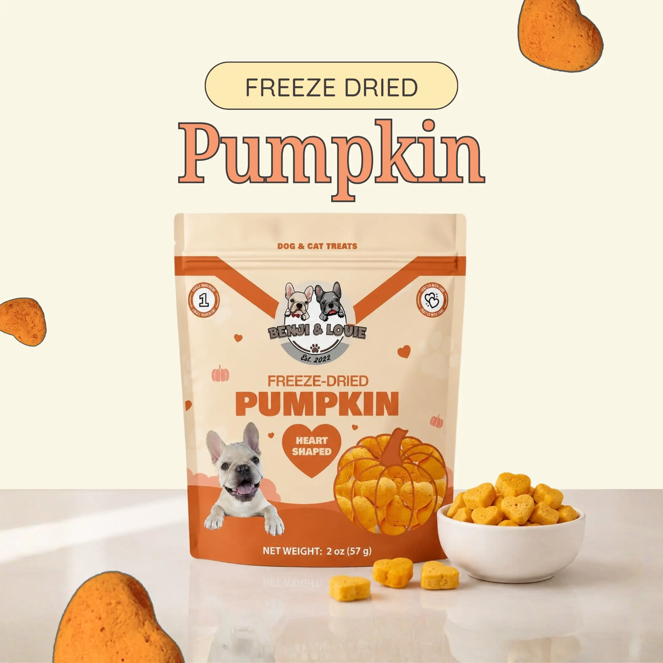 Benji & Louie Freeze Dried Pumpkin for Dogs and Cats, Heart Shaped - Natural Healthy Dog Treats and Cat Treats, Single Ingredient, 2 oz