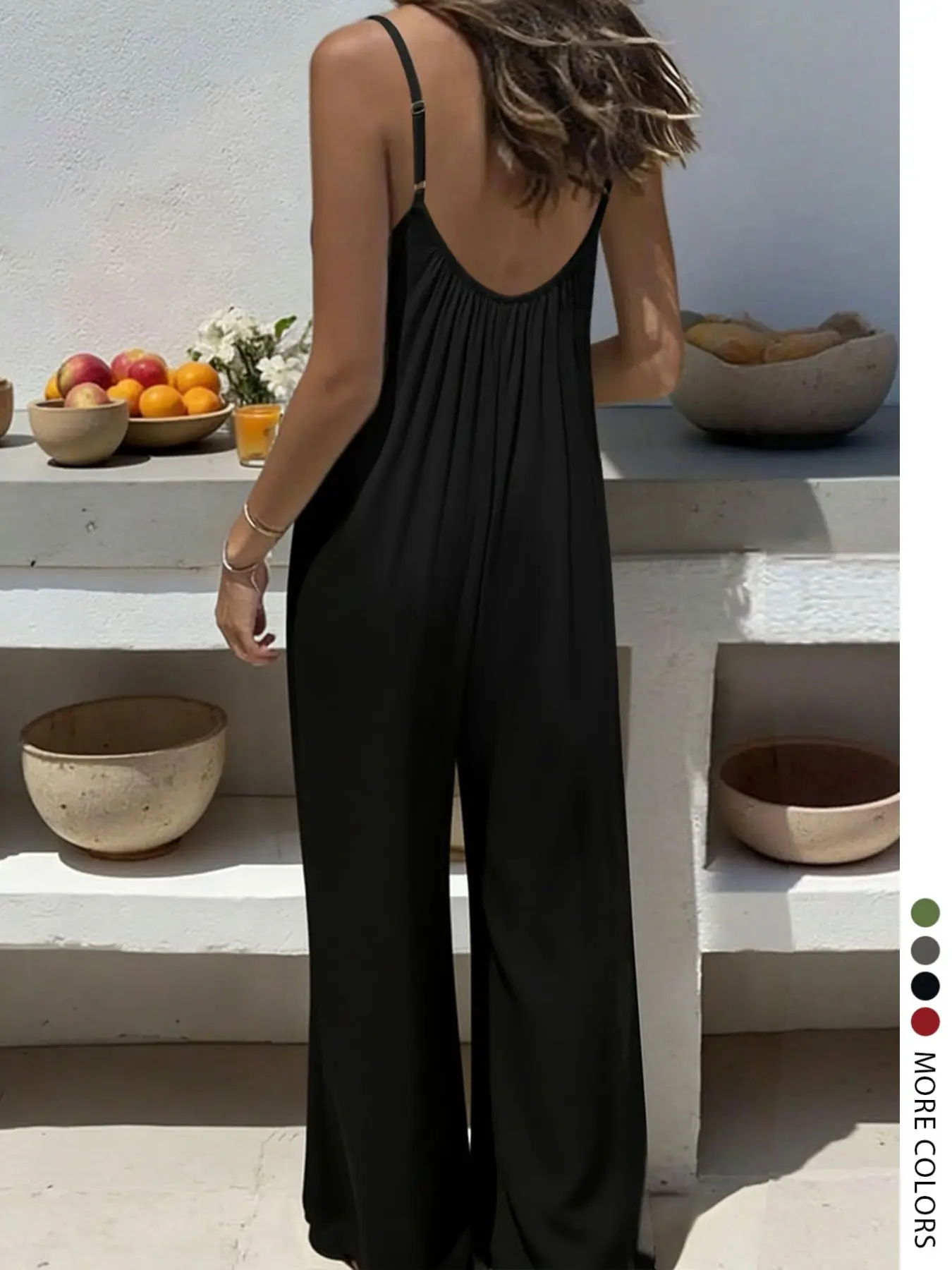 LovelyWholesale-US Women's Classic Casual Solid Color Wide Leg Backless Romper, Sleeveless Spaghetti Strap Fitted Jumpsuit, Colorblock Style, Perfect for Daily Wear，For Spring & Summer, Casual Summer Jumpsuits, Everyday, Rompers Jumpsuit