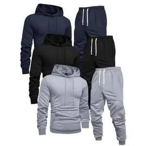 Men'S Casual Sports Hoodie and Sweatpants Set, Solid Color, Long Sleeve Pullover with Pocket, Knit Polyester, Slight Stretch, Regular Fit, Elastic Waist with Drawstring, Ribbed Cuff Pants - Spring/Fall Athletic Outfit Clothing FabricGift