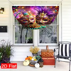 Mardi Gras Garden Flag 2D Flat Double-Sided Two Ornate Masks Feathers Beads Colorful Purple Green Gold Outdoor Courtyard Decoration  Water-Resistant Weatherproof for Yard Lawn Porch Festival Party Fan-Shaped