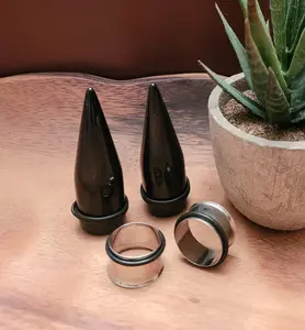 Pair Black Tapers and Surgical Steel Tunnels Ear Stretching Kit gauges 1g 0g 9mm 00g 7/16 1/2 9/16 5/8 18mm 3/4 20mm  7/8 1 inch