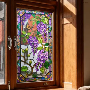 A European-style retro purple floral and foliage colored flat electrostatic glass sticker (30*60cm) for spring and summer window display decoration and beautification