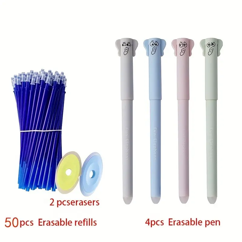26-Piece Set (4 Pens + 20 Refills + 2 Erasers), Elephant Wipeable Pen, Coffee Bear Neutral Pen, Erasable Ballpen, 0.5mm Blue Ink, Heat Dissolvable