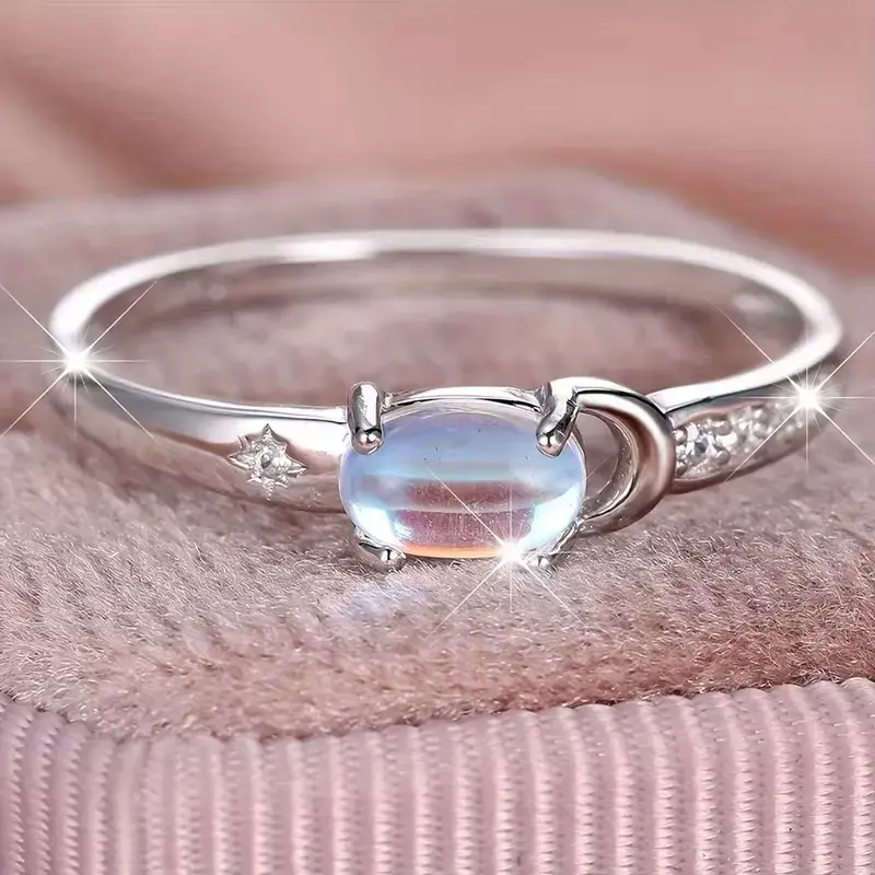 September Laurel  Iridescent Blue Oval Stone Moon & Star Ring for Women, Celestial Silver Tone Sparkling Ring, Cute Dreamy Statement Jewelry, Birthday Gift for Her