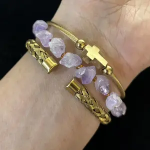 Natural Amethyst Gemstone Beaded Bracelet Elastic, Length 7.5 inch