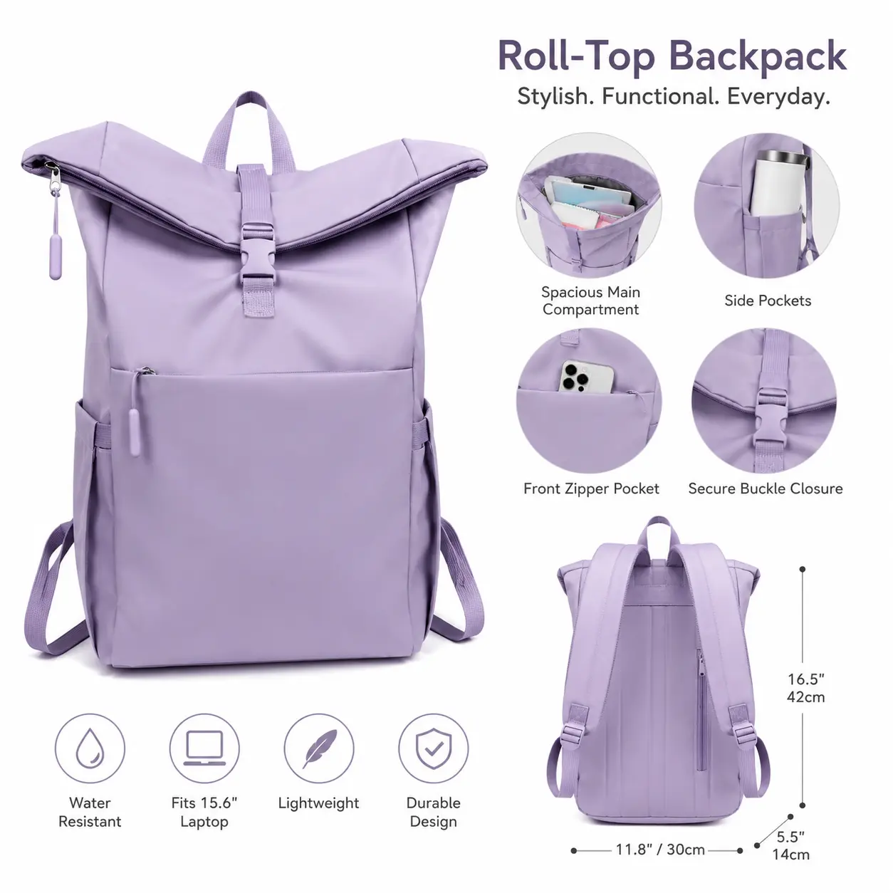 Large Roll Top Backpack for Women & Men, Waterproof Laptop Backpack,  Casual College Bookbag, Fits 15.6" Laptop, Purple